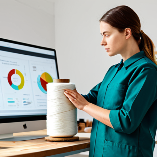 A focused female textile designer in a modest, contemporary work uniform, standing thoughtfully in a brightly lit, clean eco-design studio. She holds a sample of GOTS-certified organic cotton, with spools of recycled fibers and natural dyes visible on a workbench. A digital screen in the background displays a simplified, transparent supply chain diagram, emphasizing traceability and sustainable innovation. The atmosphere is professional and innovative. safe for work, appropriate content, fully clothed, professional, perfect anatomy, correct proportions, natural pose, well-formed hands, proper finger count, natural body proportions, high quality studio photography, clean aesthetic.