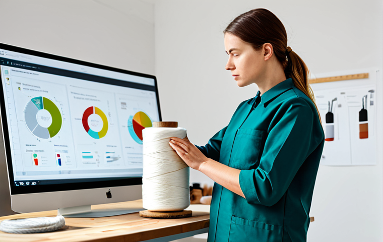 A focused female textile designer in a modest, contemporary work uniform, standing thoughtfully in a brightly lit, clean eco-design studio. She holds a sample of GOTS-certified organic cotton, with spools of recycled fibers and natural dyes visible on a workbench. A digital screen in the background displays a simplified, transparent supply chain diagram, emphasizing traceability and sustainable innovation. The atmosphere is professional and innovative. safe for work, appropriate content, fully clothed, professional, perfect anatomy, correct proportions, natural pose, well-formed hands, proper finger count, natural body proportions, high quality studio photography, clean aesthetic.
