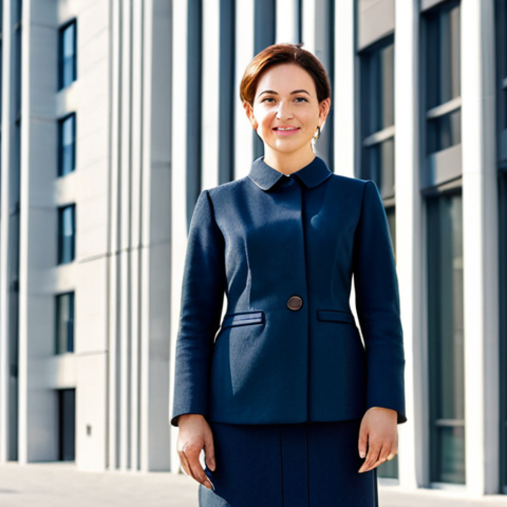 **

"A professional architect in a modest, stylish dress, standing confidently in front of a modern building she designed, fully clothed, appropriate attire, safe for work, perfect anatomy, correct proportions, natural pose, well-formed hands, proper finger count, professional architectural photography, bright daylight, clear sky, showcasing her accomplishment, family-friendly, high quality."

**