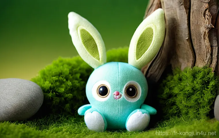 콩지래빗 테마 굿즈 제작 과정 - **Prompt 1: Adorable Forest Spirit Plush Toy**
    "A charming, soft-focus image of an adorable, whi...
