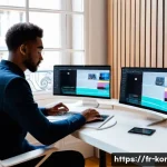 콩지래빗과 AI 기술 활용 - A modern content creator workspace in Paris, featuring a young professional using advanced AI-powere...