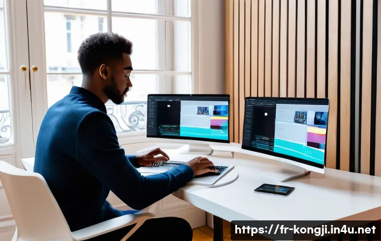 콩지래빗과 AI 기술 활용 - A modern content creator workspace in Paris, featuring a young professional using advanced AI-powere...