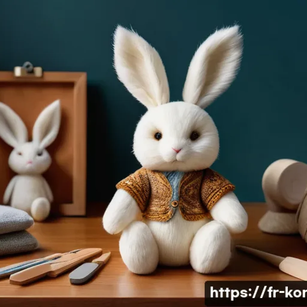 콩지래빗 제작 과정 비하인드 - A highly detailed Kongji Rabbit plush figure displayed in a cozy artisan workshop setting, featuring...
