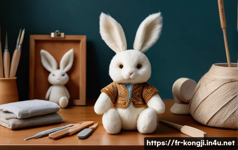 콩지래빗 제작 과정 비하인드 - A highly detailed Kongji Rabbit plush figure displayed in a cozy artisan workshop setting, featuring...