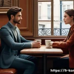 Home 20 콩지래빗 주변 인물 관계 - A detailed scene depicting two characters in a subtle, strategic alliance within a modern French caf...