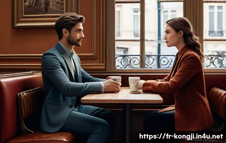 콩지래빗 주변 인물 관계 - A detailed scene depicting two characters in a subtle, strategic alliance within a modern French caf...