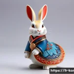 Home 19 콩지래빗 피규어 출시 정보 - A highly detailed figurine of Kongji Rabbit standing in a dynamic pose, blending traditional Asian c...