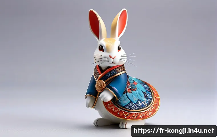 콩지래빗 피규어 출시 정보 - A highly detailed figurine of Kongji Rabbit standing in a dynamic pose, blending traditional Asian c...