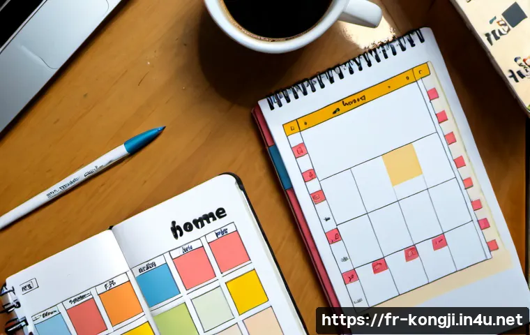 콩지래빗 연재 스케줄 - Photorealistic overhead view of a French webcomic artist’s tidy home studio, an open weekly planner ...