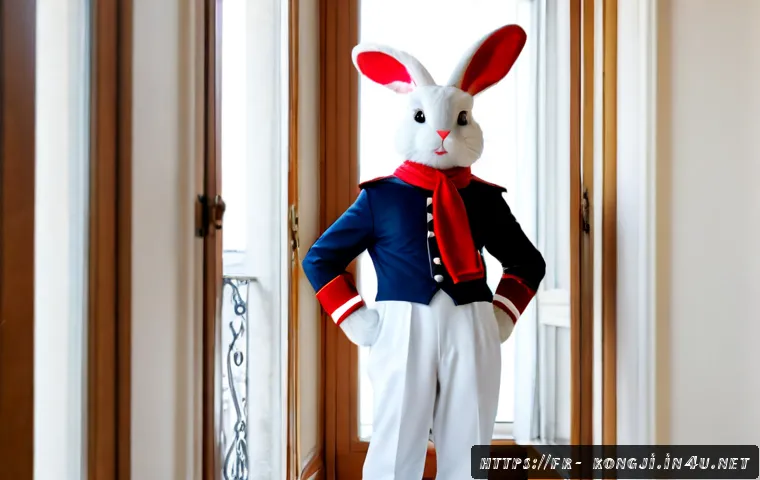 콩지래빗 캐릭터 의상 - Photorealistic white rabbit mascot character wearing a classic French sailor outfit, navy-and-white ...